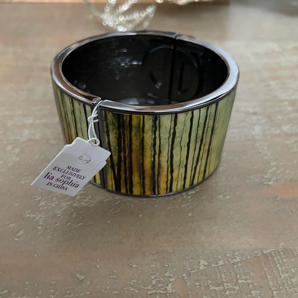 Lia Sophia Striped Stretch Green and Black Statement Bracelet